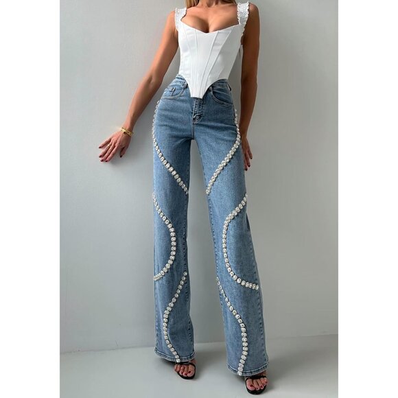 Denim - Women High Waist Jeans Rhinestone Trim Baggy Denim Pants Wide Leg Y2K
